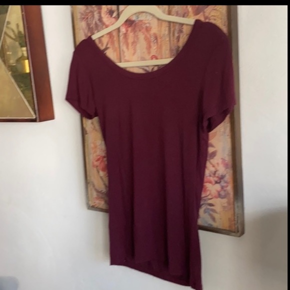 AMERICAN DREAM STRETCH OXBLOOD RED BODYCON TOP SCOOP NECK TOP SHORT SLEEVES - Picture 5 of 5